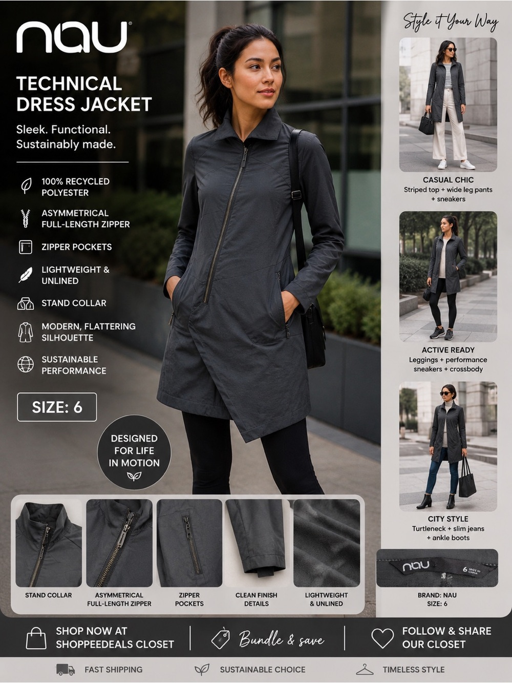 Nau Asymmetrical Technical Dress Jacket | Dark Gray | Size 6